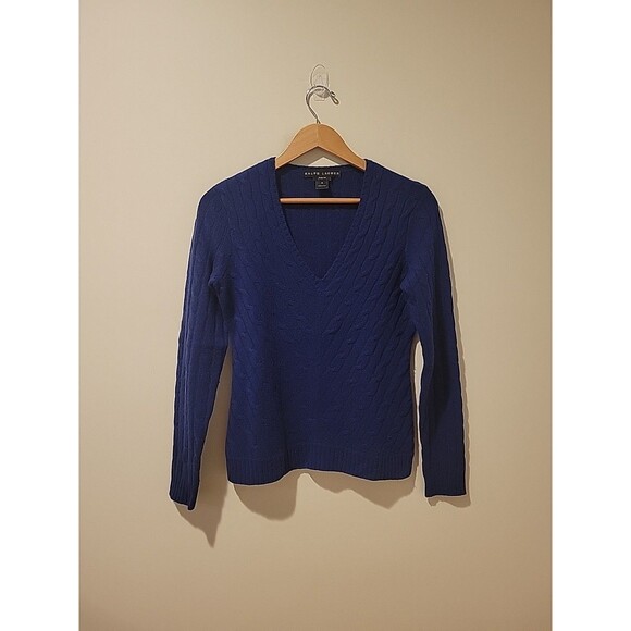 Ralph Lauren Cashmere Sweater Womens Medium Blue Cable Knit Black Label V Neck - Picture 1 of 6